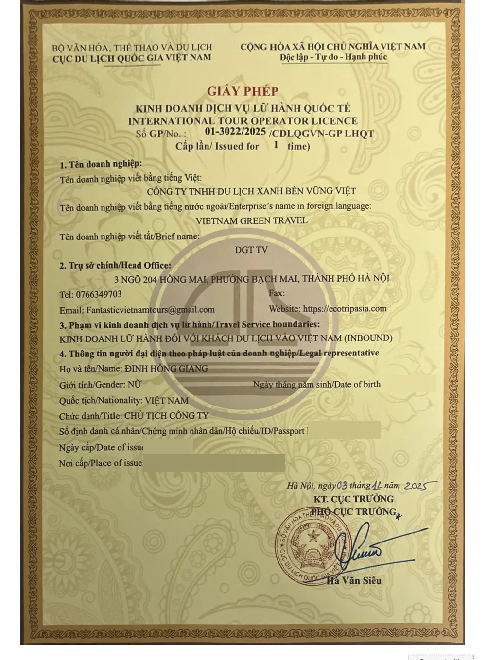 Internationale Reiseveranstalter-Lizenz Nr. 01-3022/2025/CDLQGVN-GP LHQT – ausgestellt für Vietnam Green Travel von der nationalen Tourismusbehörde Vietnams