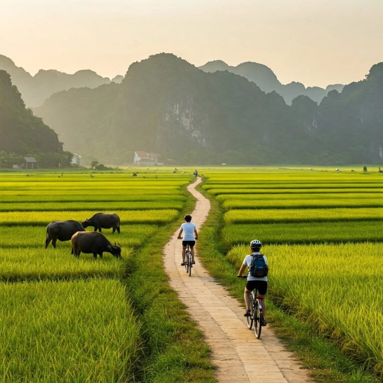 Radfahrer auf einem Weg durch die Reisfelder von Ninh Binh, daneben grasende Büffel