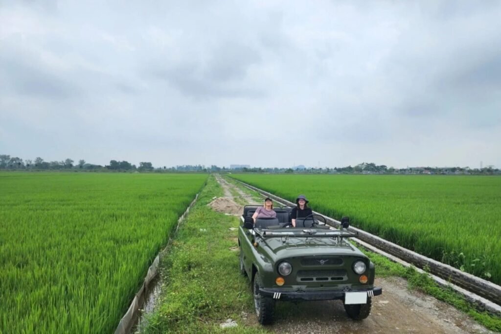 Jeep on a country road through the rice fields of Ninh Binh